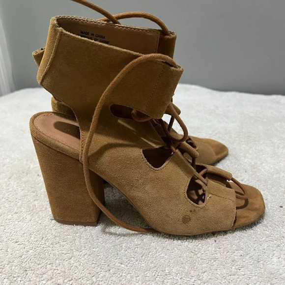 Urban Outfitters Women Brown Strappy Heels 9 Suede Lace Up Block Peep Toe Summer - Picture 4 of 16